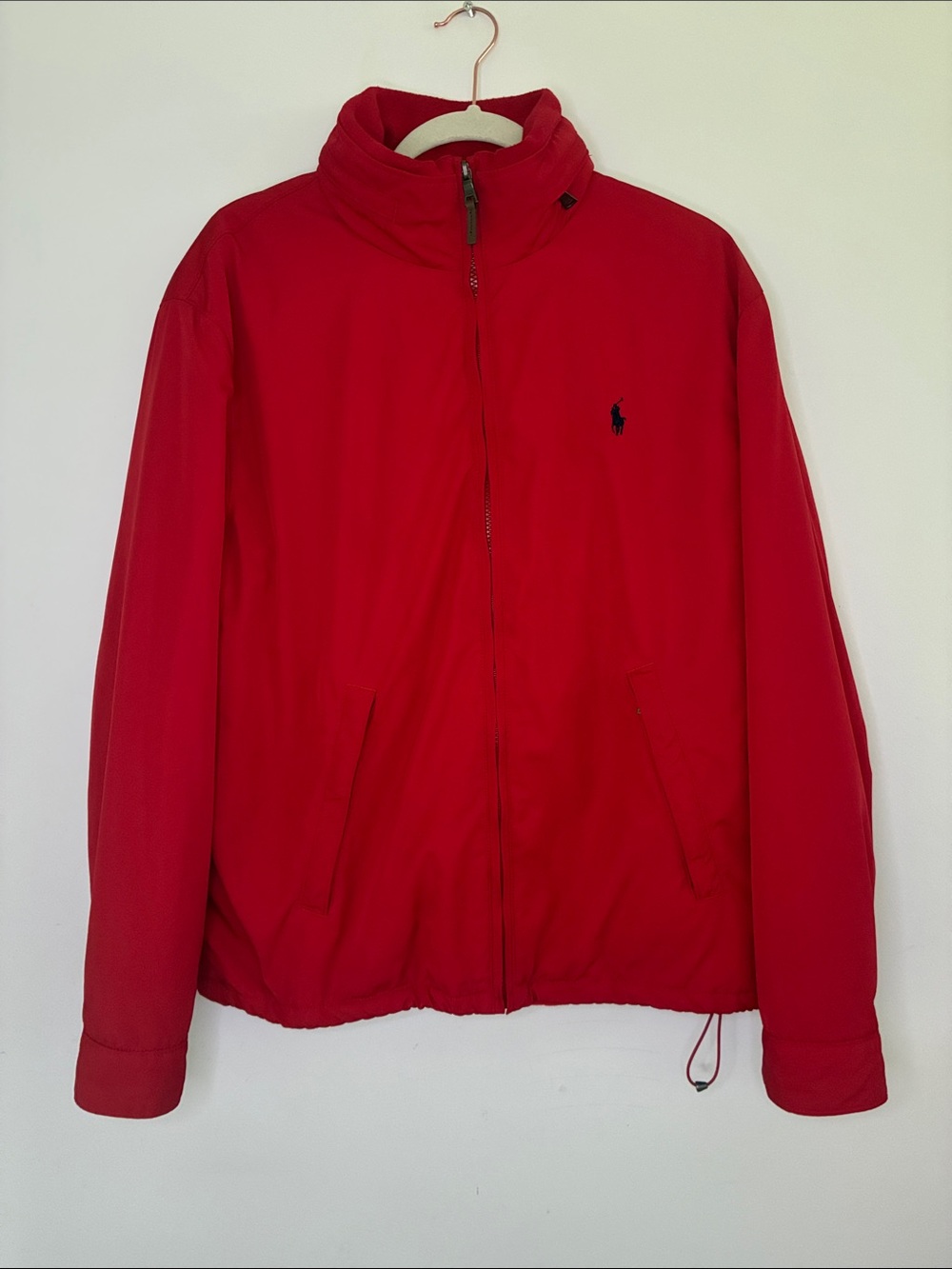 Vintage Polo Ralph Lauren Red Lightweight Full-Zip Shirt Jacket Hideaway Hood Lg